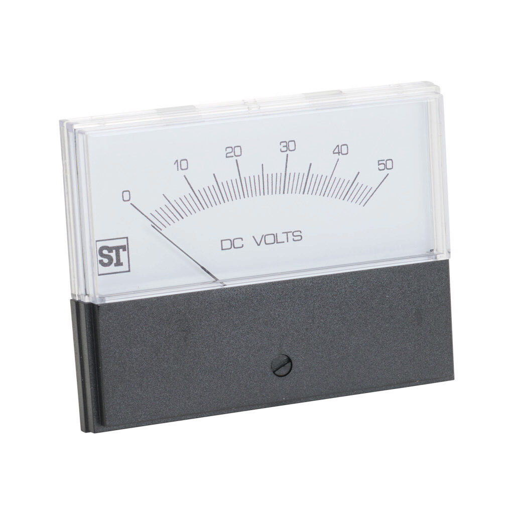 PK-260-320-NTNT - Sifam Tinsley Contender panel meter, 3.5in analog dial display, 0-50 VDC, voltage input, self contained, moving coil, round 4-hole mount.