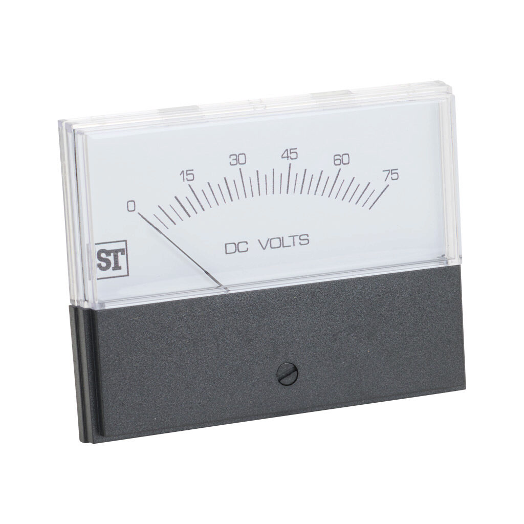 PK-260-320-PBPB - Sifam Tinsley Contender panel meter, 3.5in analog dial display, 0-75 VDC, voltage input, self contained, moving coil, round 4-hole mount.