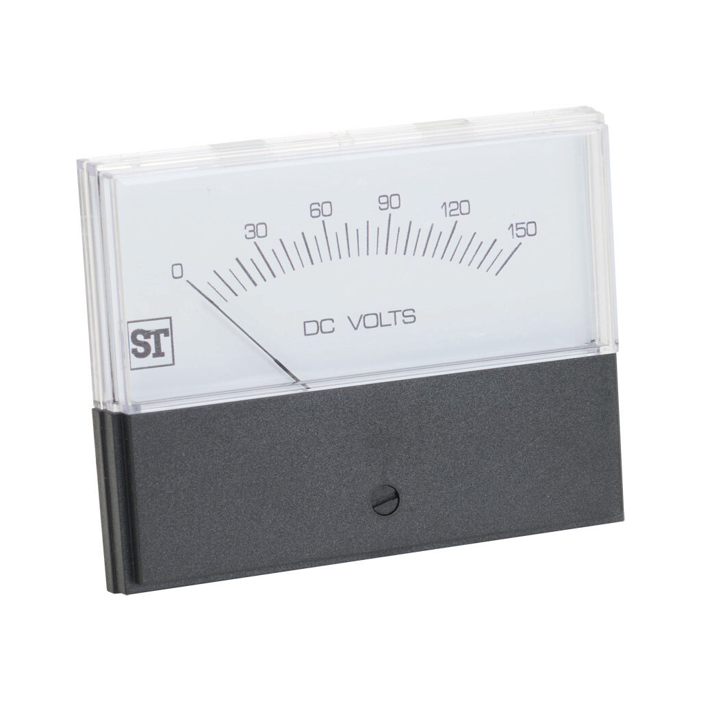PK-260-320-PZPZ - Sifam Tinsley Contender panel meter, 3.5in analog dial display, 0-150 VDC, voltage input, self contained, moving coil, round 4-hole mount.