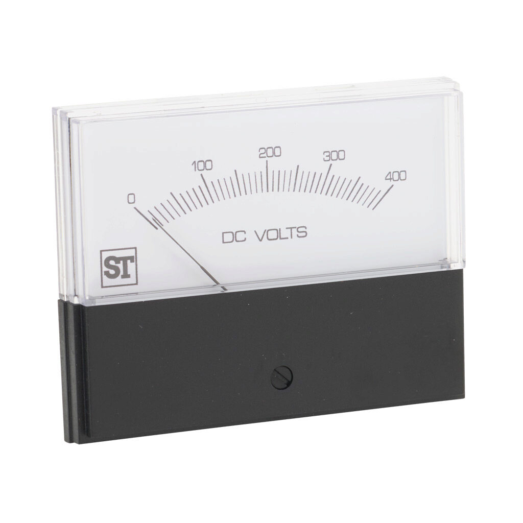 PK-260-320-SCSC - Sifam Tinsley Contender panel meter, 3.5in analog dial display, 0-400 VDC, voltage input, self contained, moving coil, round 4-hole mount.