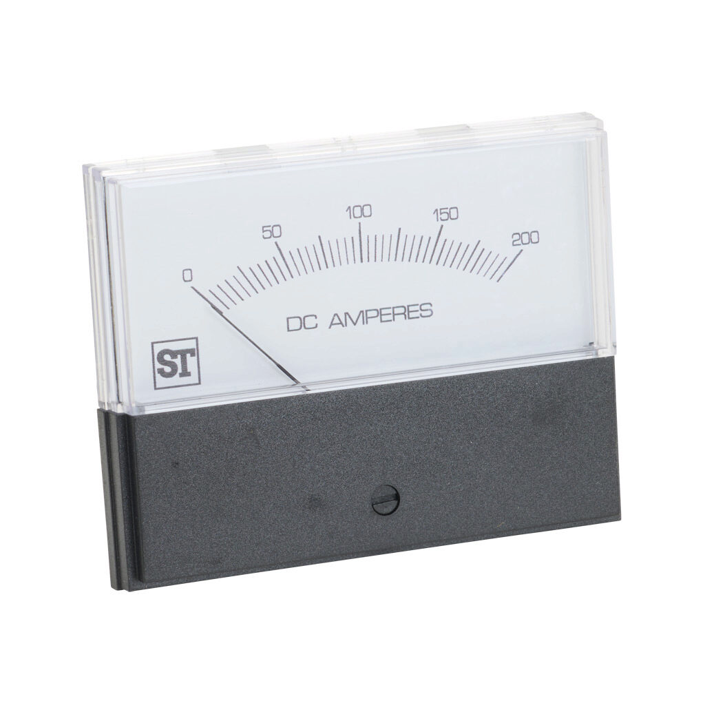 PK-260-324-ECRL - Sifam Tinsley Contender panel meter, 3.5in analog dial display, 0-200A DC, voltage input, shunt rated, moving coil, round 4-hole mount.