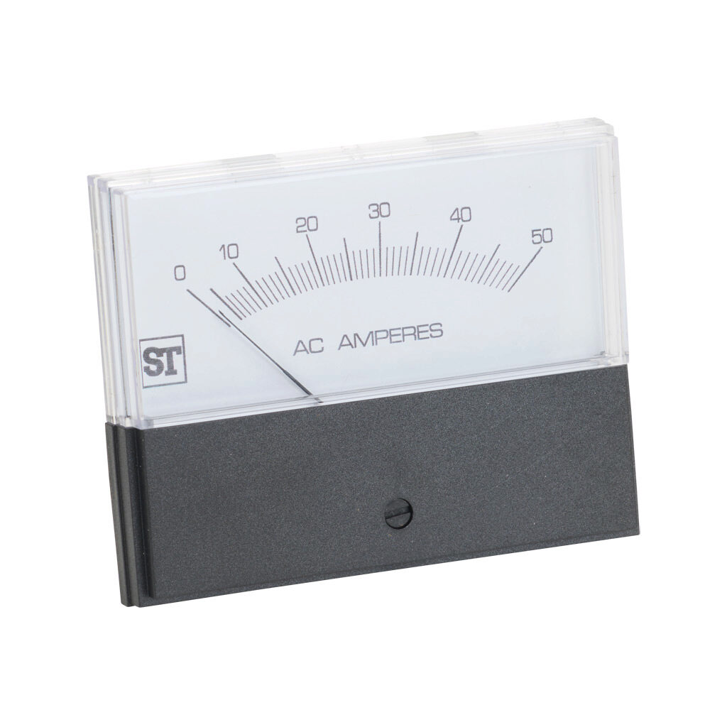 PK-260-340-LSNT - Sifam Tinsley Contender panel meter, 3.5in analog dial display, 0-50A AC, current input, transformer rated, moving iron, round 4-hole mount.