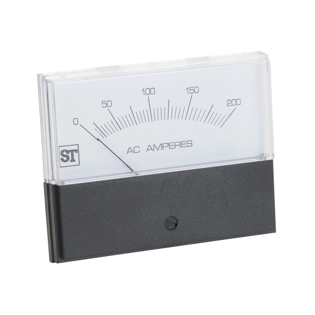 PK-260-340-LSRL - Sifam Tinsley Contender panel meter, 3.5in analog dial display, 0-200A AC, current input, transformer rated, moving iron, round 4-hole mount.