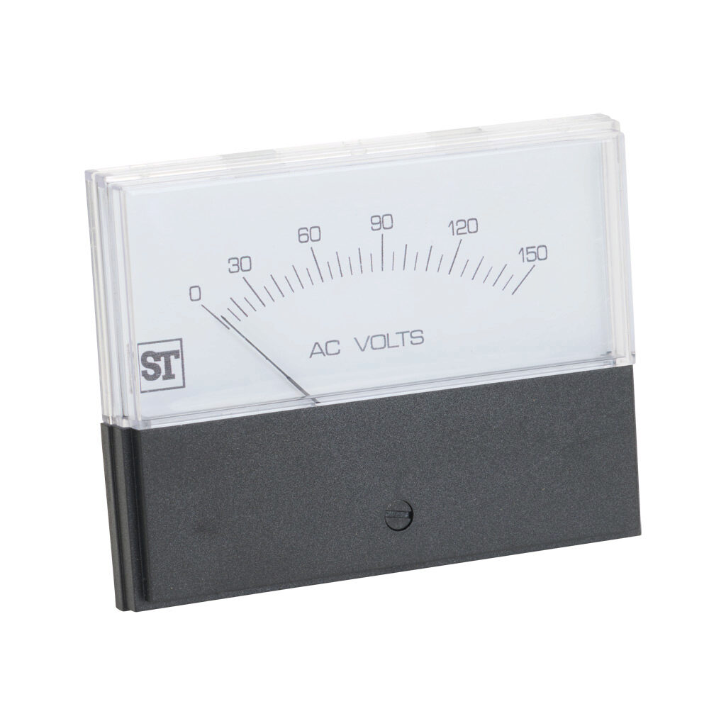 PK-260-344-PZPZ - Sifam Tinsley Contender panel meter, 3.5in analog dial display, 0-150 VAC, voltage input, self contained, moving iron, round 4-hole mount.