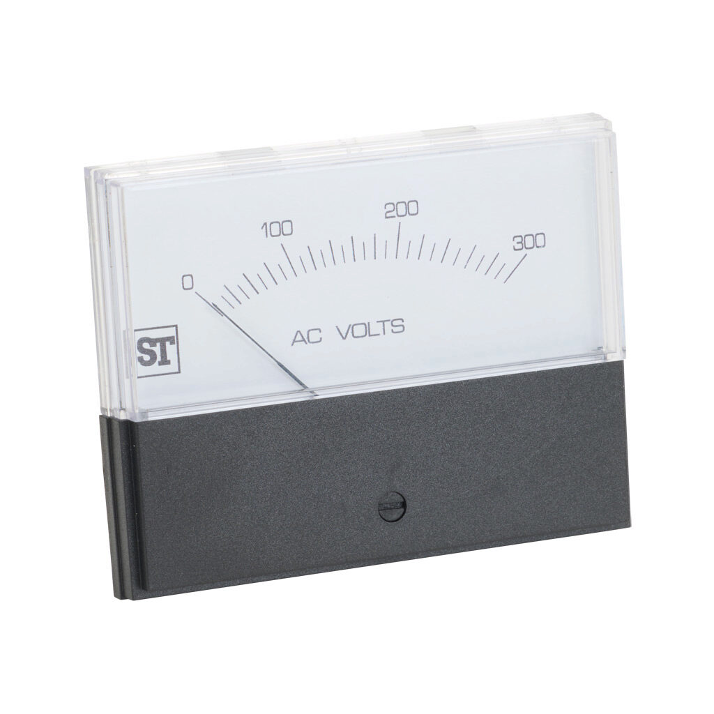 PK-260-344-PZRX - Sifam Tinsley Contender panel meter, 3.5in analog dial display, 0-300 VAC, voltage input, transformer rated, moving iron, round 4-hole mount.