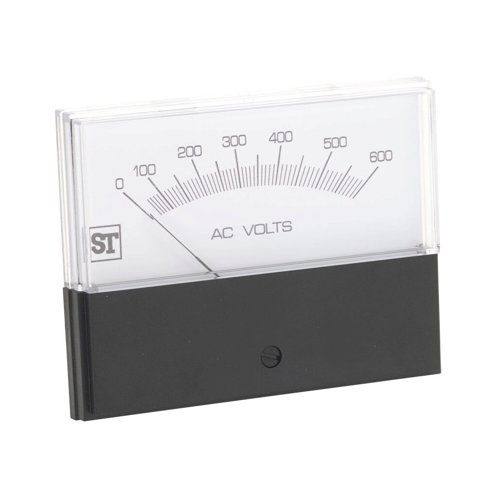 PK-260-344-PZSJ - Sifam Tinsley Contender panel meter, 3.5in analog dial display, 0-600 VAC, voltage input, transformer rated, moving iron, round 4-hole mount.