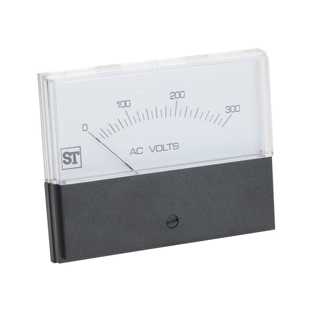 PK-260-344-RXRX - Sifam Tinsley Contender panel meter, 3.5in analog dial display, 0-300 VAC, voltage input, self contained, moving iron, round 4-hole mount.