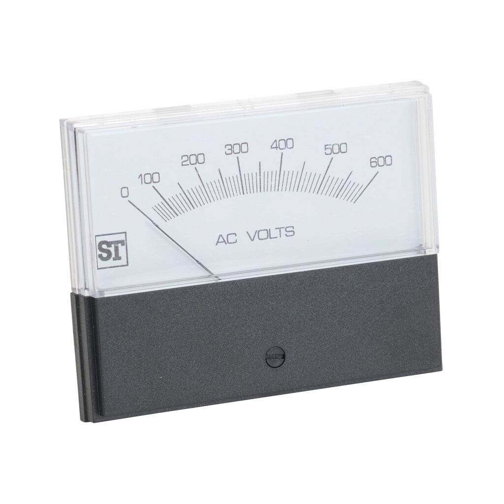 PK-260-344-SJSJ - Sifam Tinsley Contender panel meter, 3.5in analog dial display, 0-600 VAC, voltage input, self contained, moving iron, round 4-hole mount.