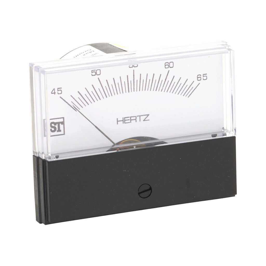 PK-264-250-AJAJ - Sifam Tinsley Contender panel meter, 2.5in analog dial display, 45-65 Hz, frequency input, self contained, pivot and jewel, round 4-hole mount.