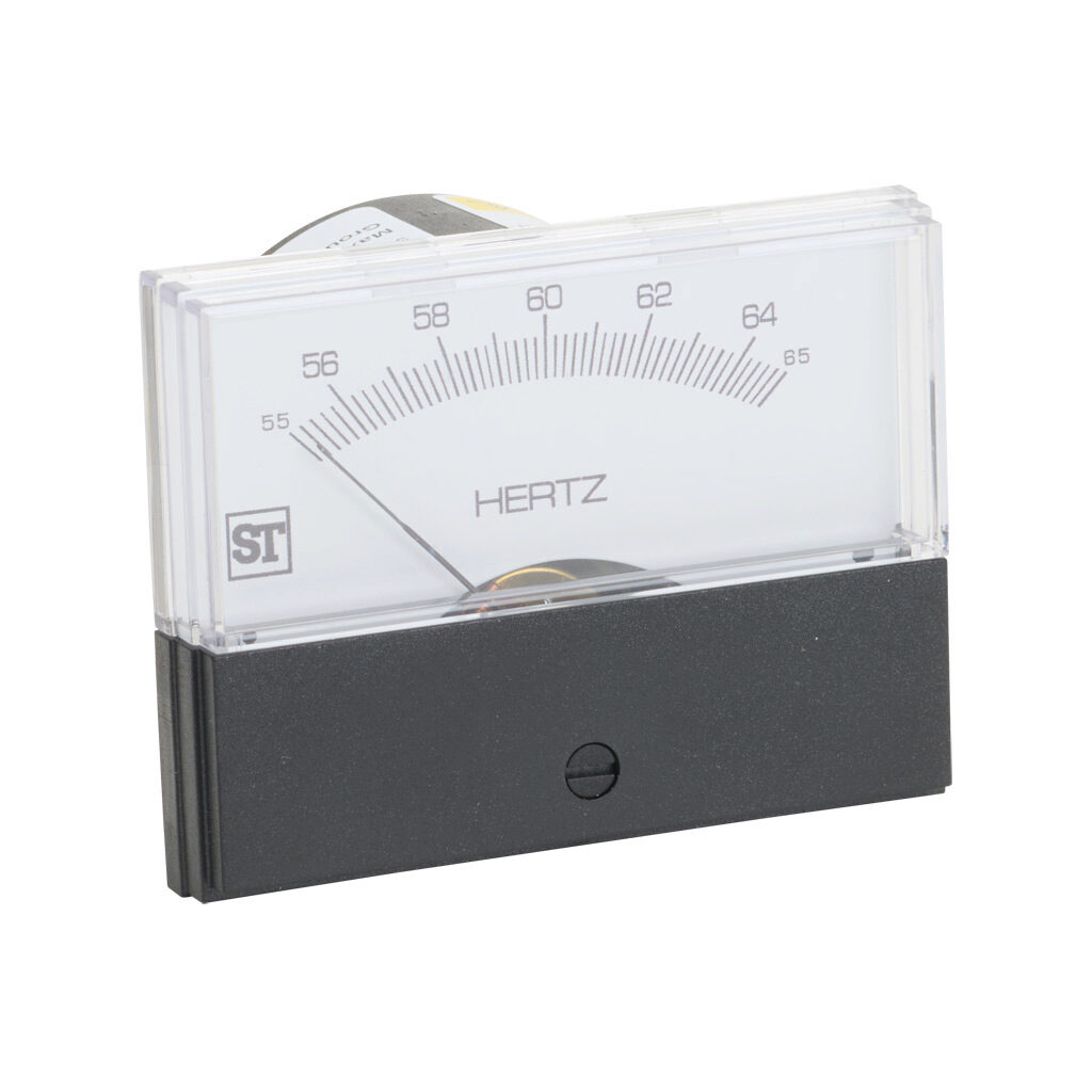 PK-264-250-ANAN - Sifam Tinsley Contender panel meter, 2.5in analog dial display, 55-65 Hz, frequency input, self contained, pivot and jewel, round 4-hole mount.