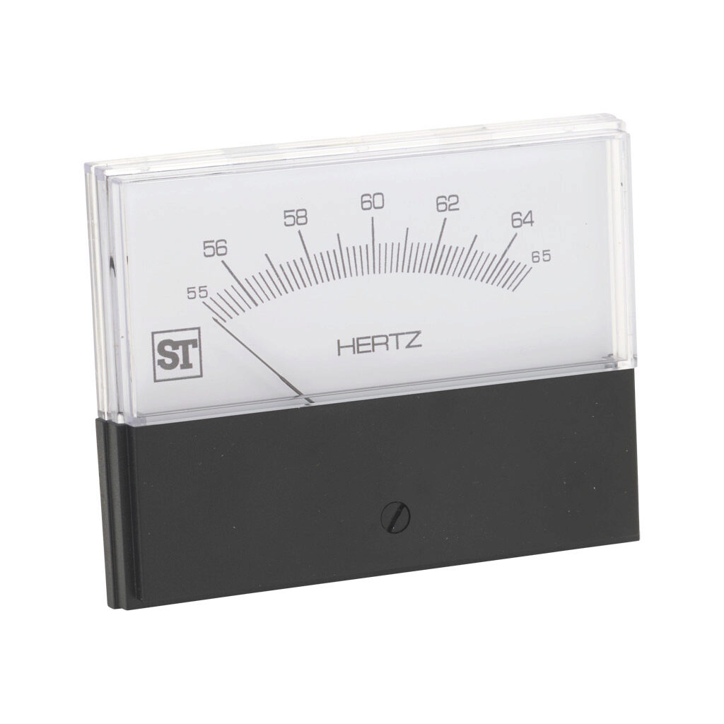 PK-264-350-ANAN - Sifam Tinsley Contender panel meter, 3.5in analog dial display, 55-65 Hz, frequency input, self contained, pivot and jewel, round 4-hole mount.
