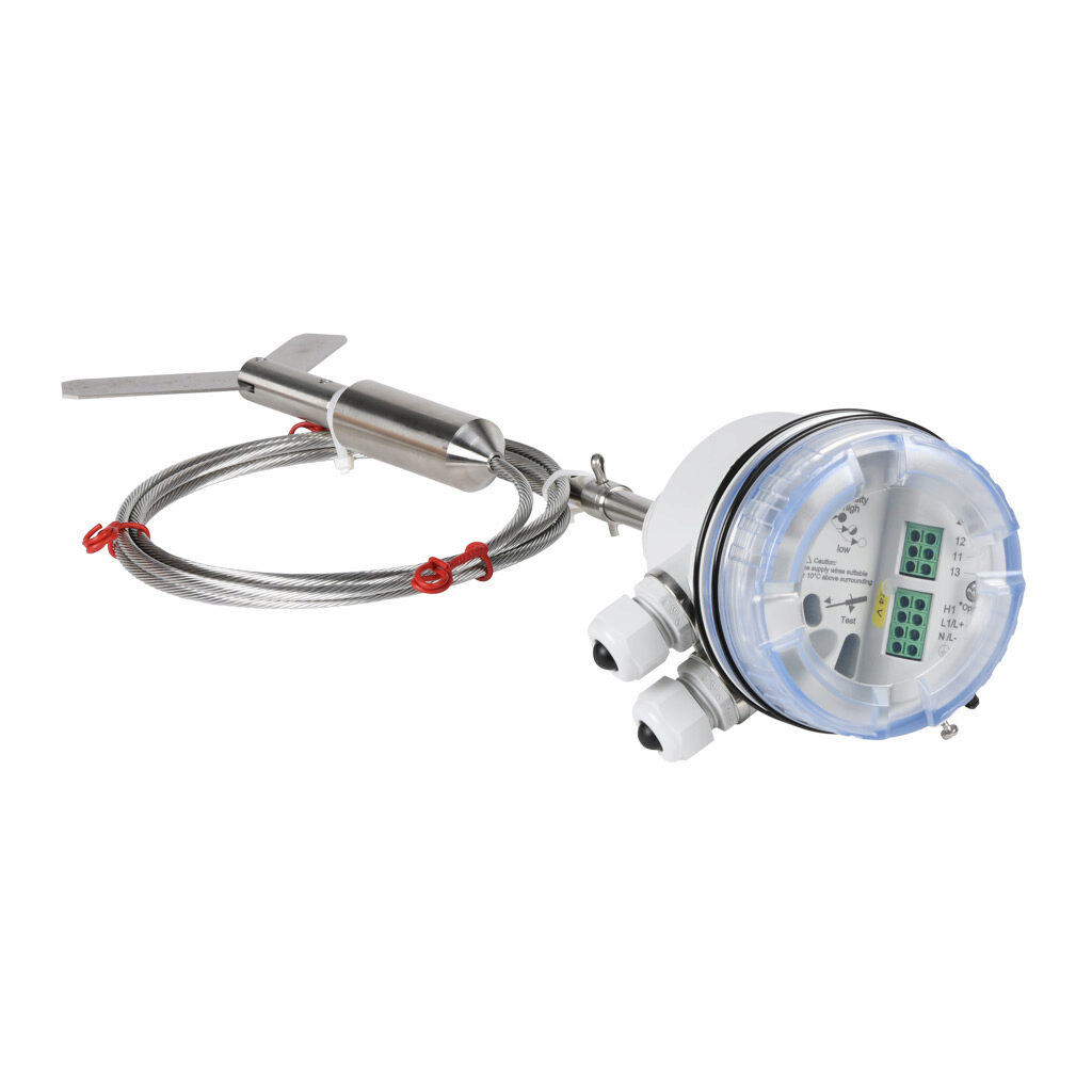 PLS-4P-R-24D-HAZ - ProSense rotating paddle bulk solids level switch, 2000mm rope insertion length, 1-1/4in male NPT process connection, (1) SPDT relay, 20-28 VDC operating voltage. Hinged paddle included. Hazardous location rated.