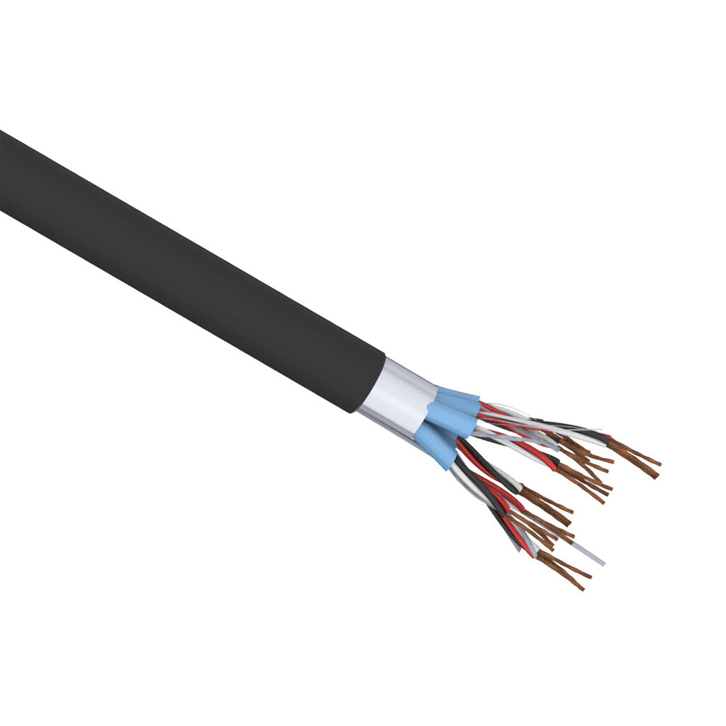 PLTC3-18-8TSS-1 - Quabbin instrumentation cable, individual and overall shielded, PLTC and ITC, 300V, 8 twisted triads, 18 AWG, PVC conductor insulation material, black, white and red, PVC jacket, black, cut to length.