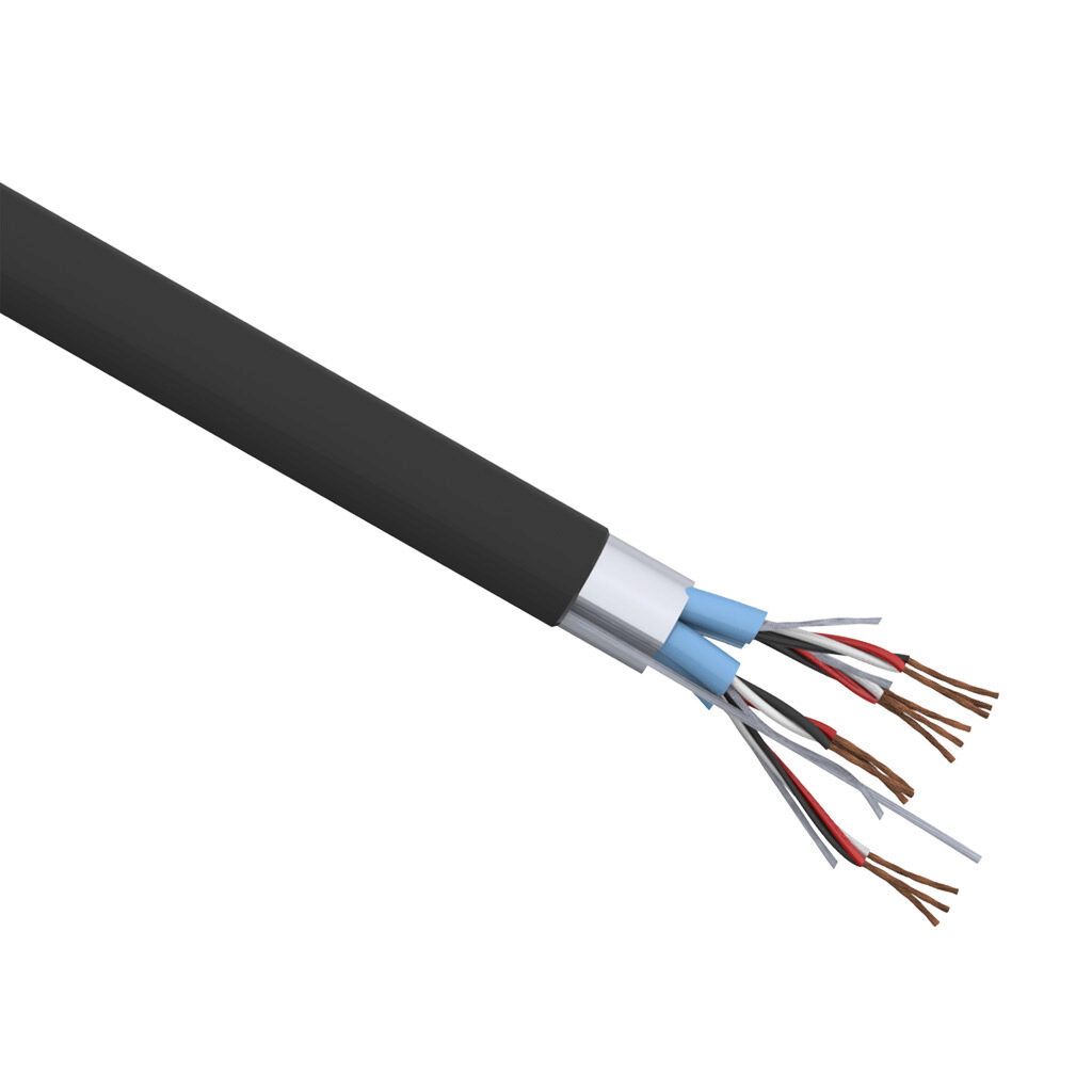 PLTC3-20-4TSS-1 - Quabbin instrumentation cable, individual and overall shielded, PLTC and ITC, 300V, 4 twisted triads, 20 AWG, PVC conductor insulation material, black, white and red, PVC jacket, black, cut to length.