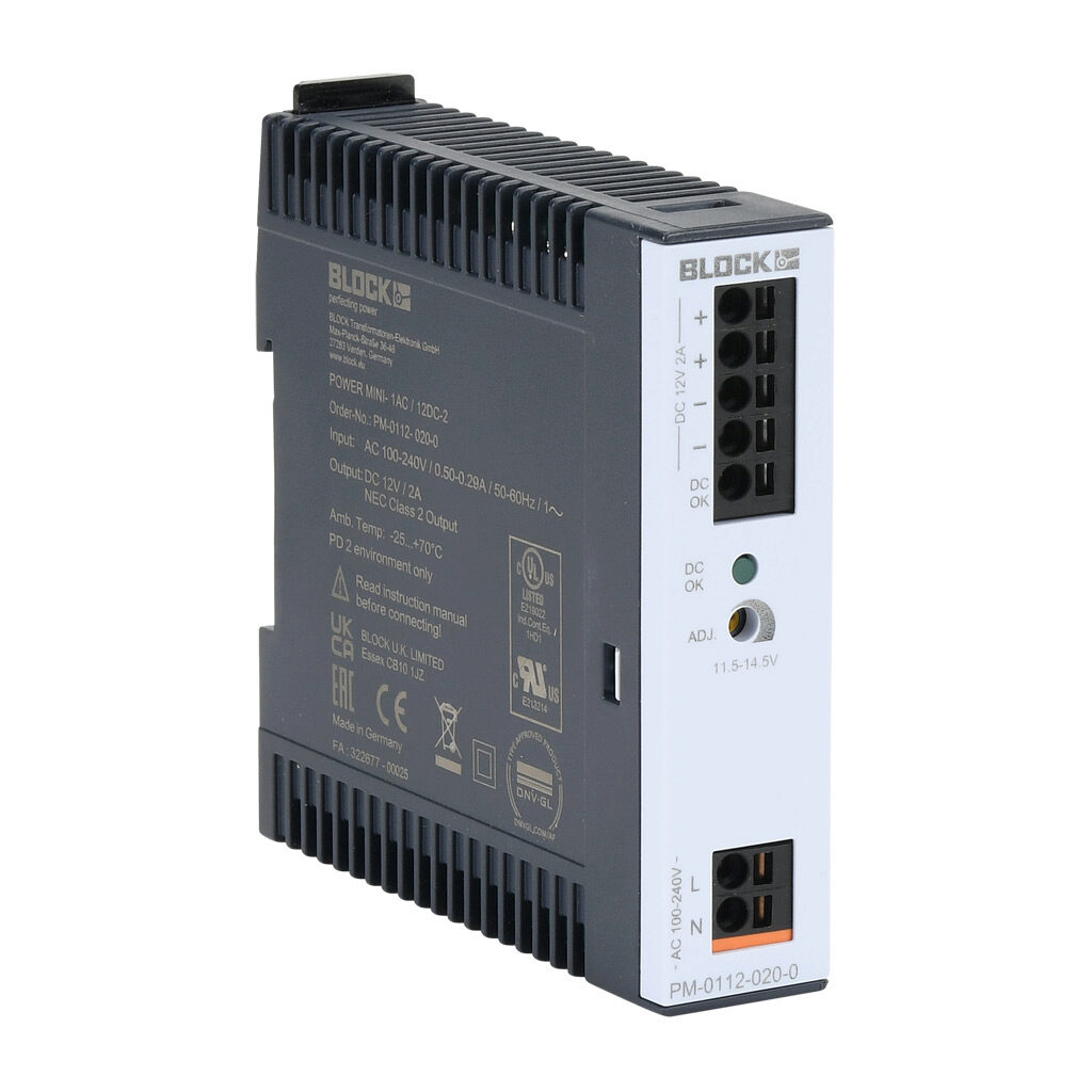 PM-0112-020-0 - BLOCK Power Mini series switching power supply, 12 VDC @ 2A/24W, 120 VAC and 240 VAC nominal input, 1-phase, enclosed, plastic housing, 35mm DIN rail mount, push-in spring, NEC Class 2.