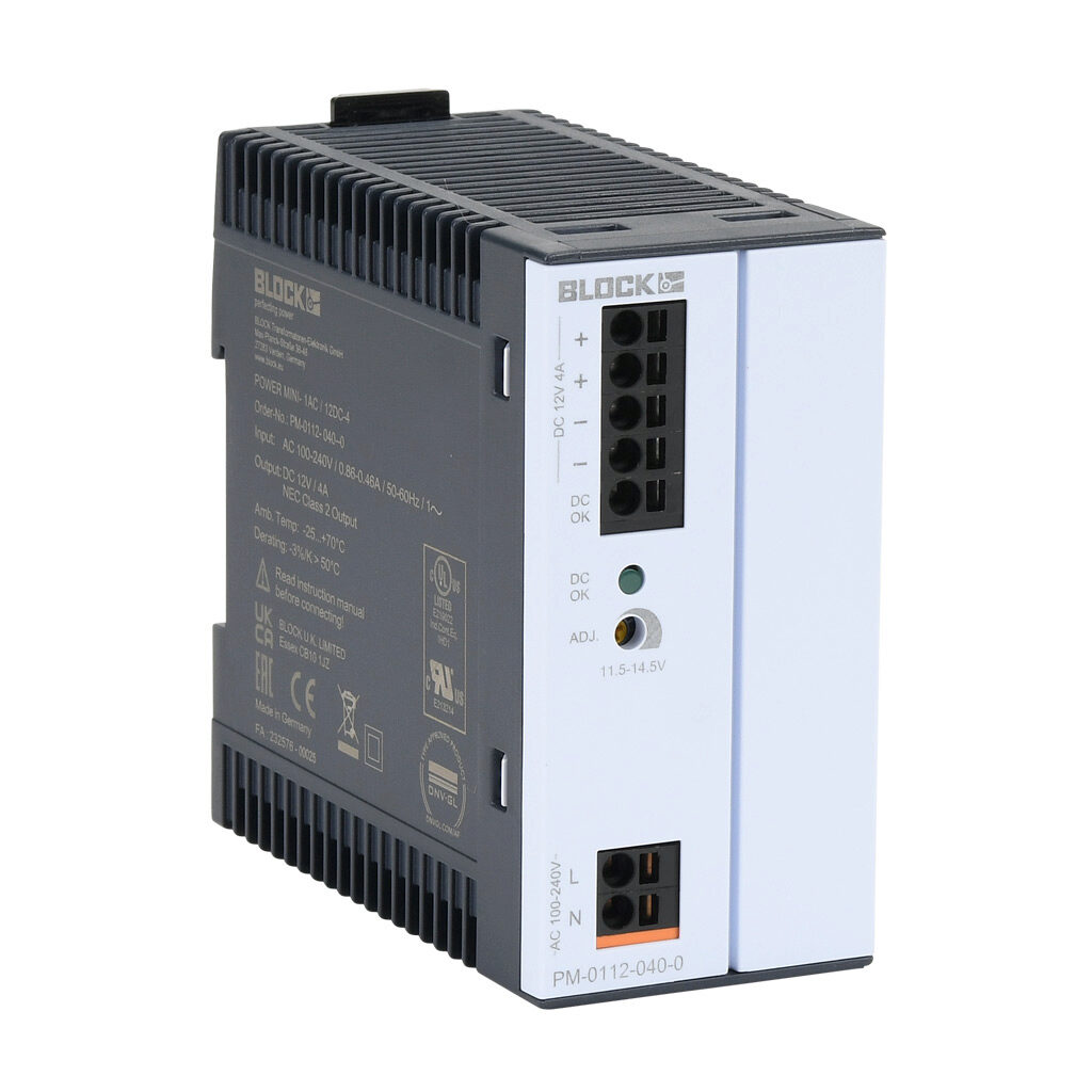 PM-0112-040-0 - BLOCK Power Mini series switching power supply, 12 VDC @ 4A/48W, 120 VAC and 240 VAC nominal input, 1-phase, enclosed, plastic housing, 35mm DIN rail mount, push-in spring, NEC Class 2.