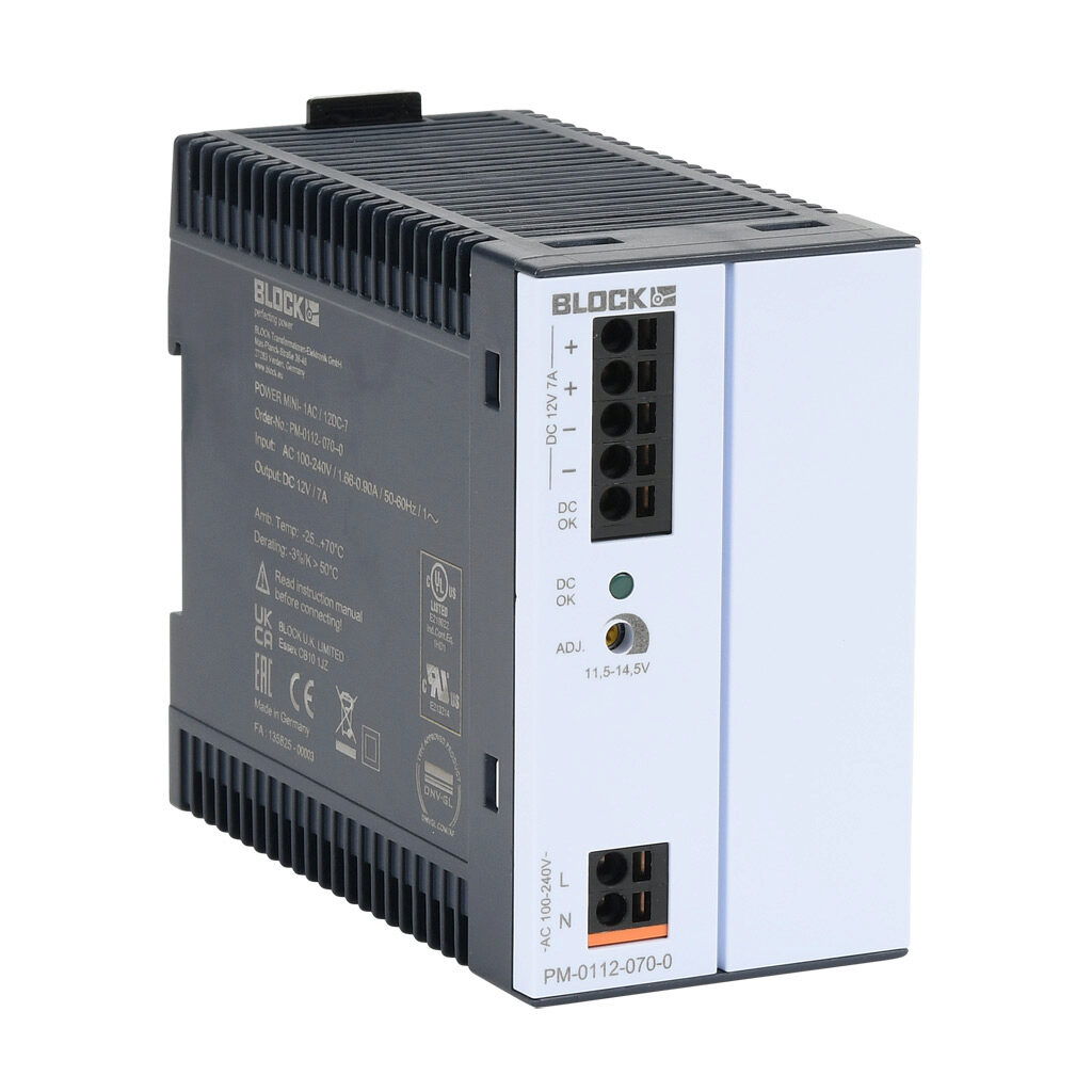 PM-0112-070-0 - BLOCK Power Mini series switching power supply, 12 VDC @ 7A/84W, 120 VAC and 240 VAC nominal input, 1-phase, enclosed, plastic housing, 35mm DIN rail mount, push-in spring.