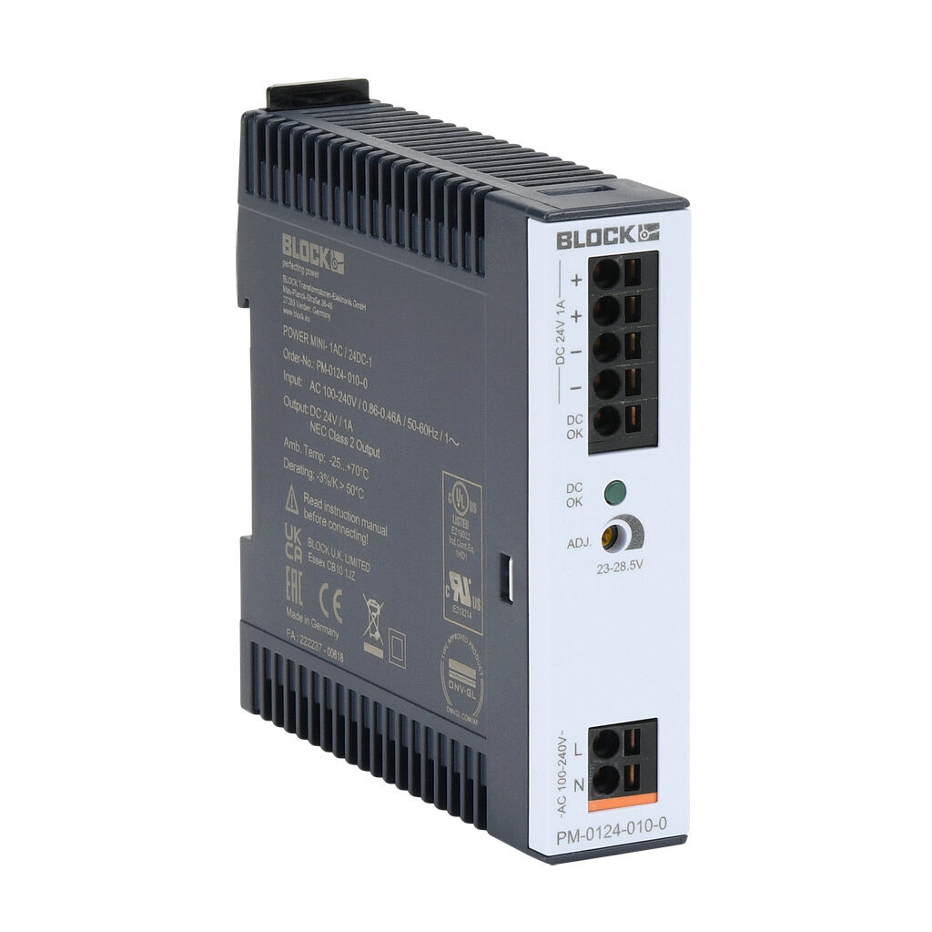 PM-0124-010-0 - BLOCK Power Mini series switching power supply, 24 VDC @ 1A/24W, 120 VAC and 240 VAC nominal input, 1-phase, enclosed, plastic housing, 35mm DIN rail mount, push-in spring, NEC Class 2.