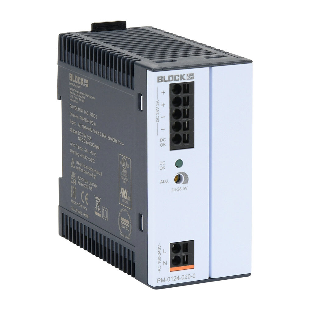 PM-0124-020-0 - BLOCK Power Mini series switching power supply, 24 VDC @ 2A/48W, 120 VAC and 240 VAC nominal input, 1-phase, enclosed, plastic housing, 35mm DIN rail mount, push-in spring, NEC Class 2.