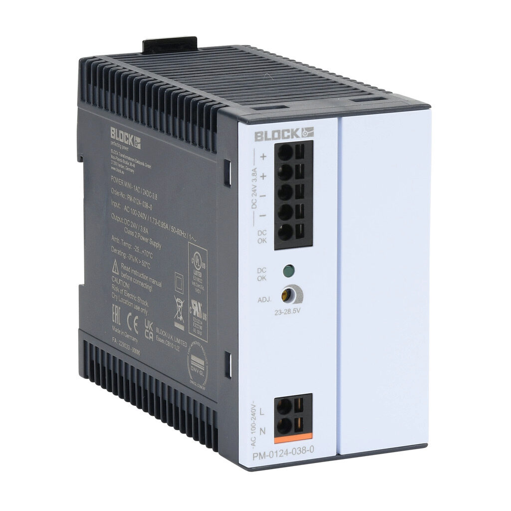 PM-0124-038-0 - BLOCK Power Mini series switching power supply, 24 VDC @ 3.8A/91.2W, 120 VAC and 240 VAC nominal input, 1-phase, enclosed, plastic housing, 35mm DIN rail mount, push-in spring, NEC Class 2.
