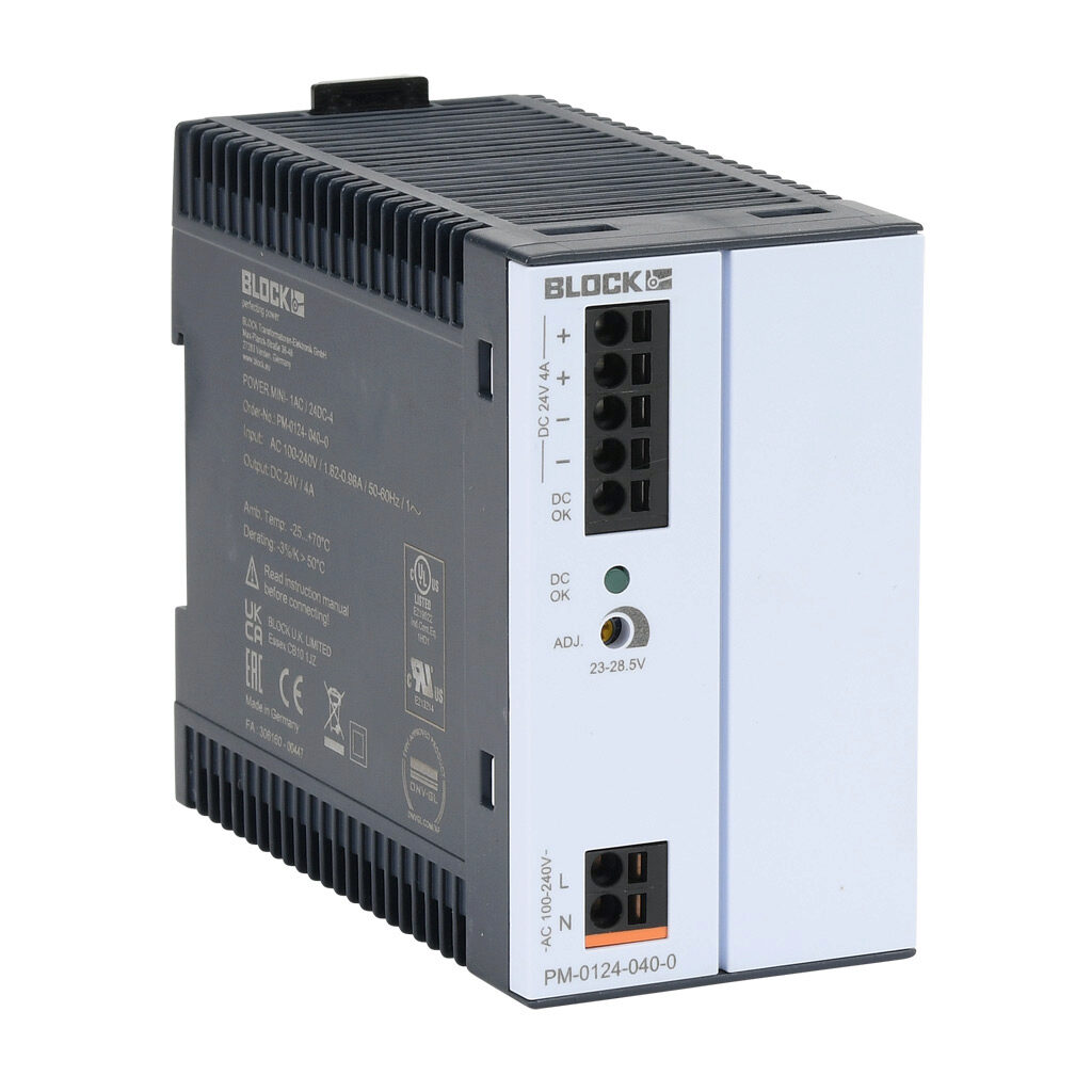 PM-0124-040-0 - BLOCK Power Mini series switching power supply, 24 VDC @ 4A/96W, 120 VAC and 240 VAC nominal input, 1-phase, enclosed, plastic housing, 35mm DIN rail mount, push-in spring.