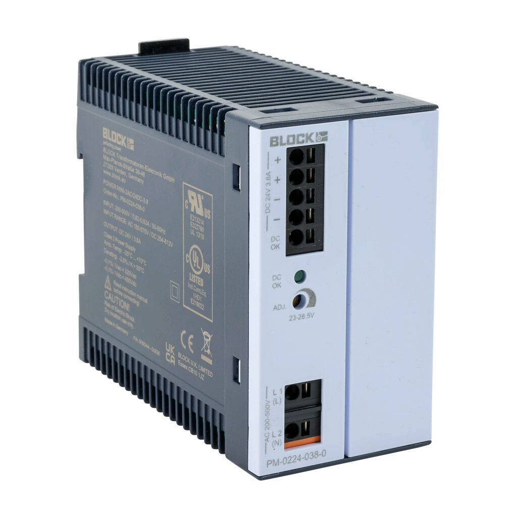 PM-0224-038-0 - BLOCK Power Mini series switching power supply, 24 VDC @ 3.8A/91.2W, 120 VAC and 240 VAC nominal input, 2-phase, enclosed, plastic housing, 35mm DIN rail mount, push terminals, NEC Class 2.