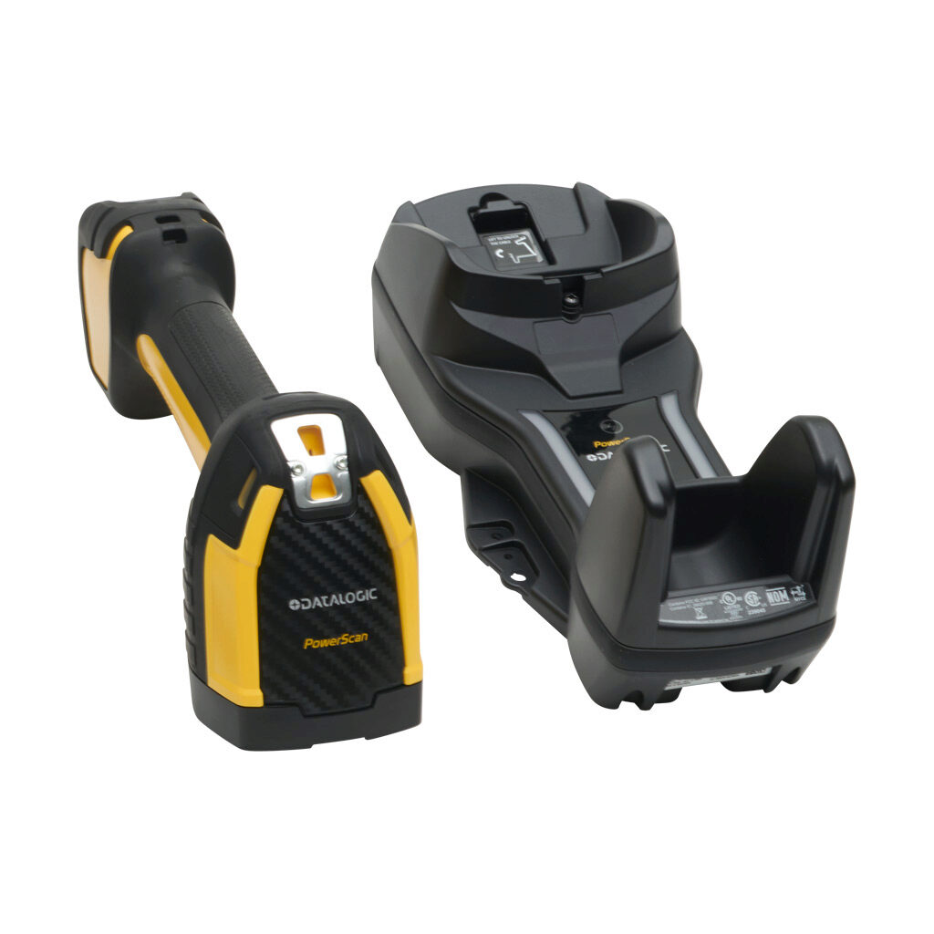 PM9600-SR910RBK10 - Datalogic PowerScan 960X series barcode scanner, 1D and 2D, imager, cordless, RF communication, USB, rugged duty, 1280 x 800 optical resolution. Scanner with removable battery, base station, USB cable, power brick, and power co...