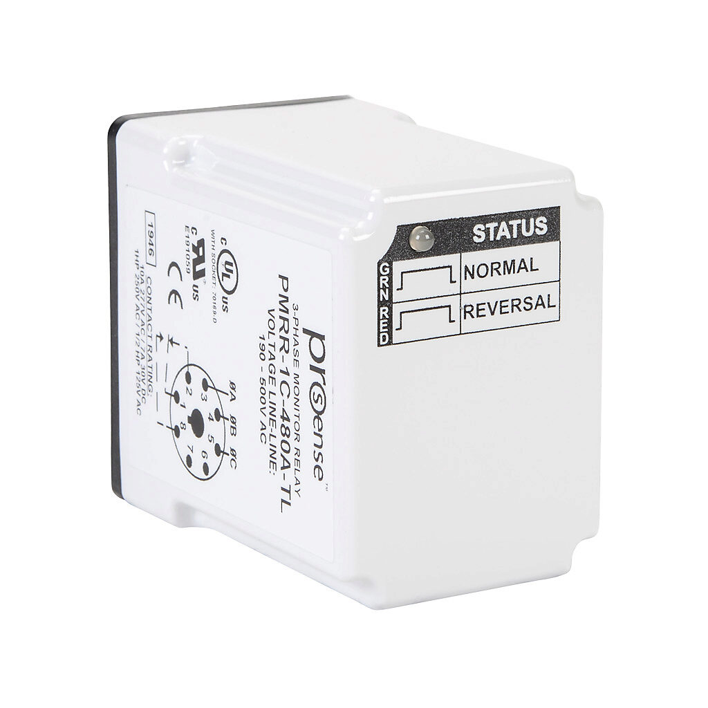 PMRR-1C-480A-TL - ProSense phase monitor relay, 3-phase, socket mount, 190-500 VAC input voltage, SPDT, 10A contact rating, 8-pin, LED indicator(s), phase reversal protection.