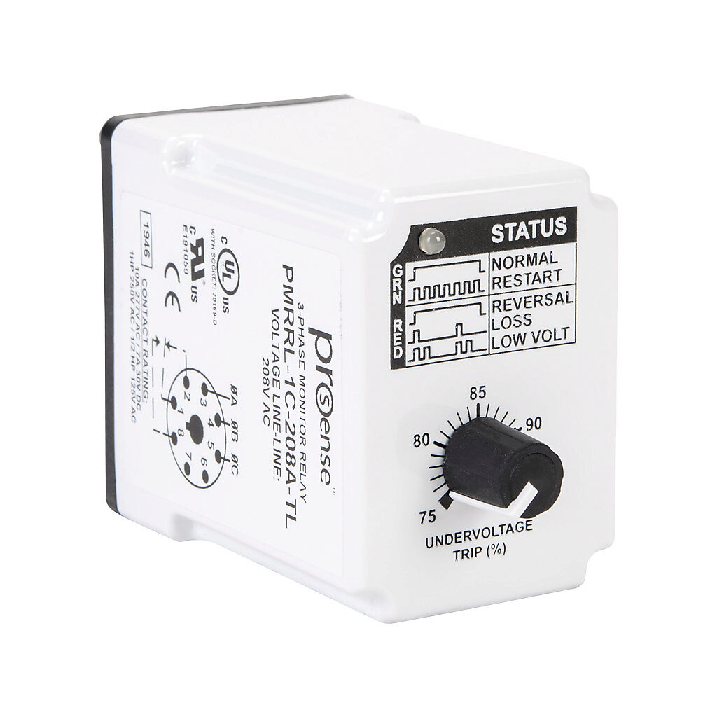 PMRRL-1C-208A-TL - ProSense phase monitor relay, 3-phase, socket mount, 208 VAC input voltage, SPDT, 10A contact rating, 8-pin, LED indicator(s), phase reversal, phase loss and undervoltage protection.