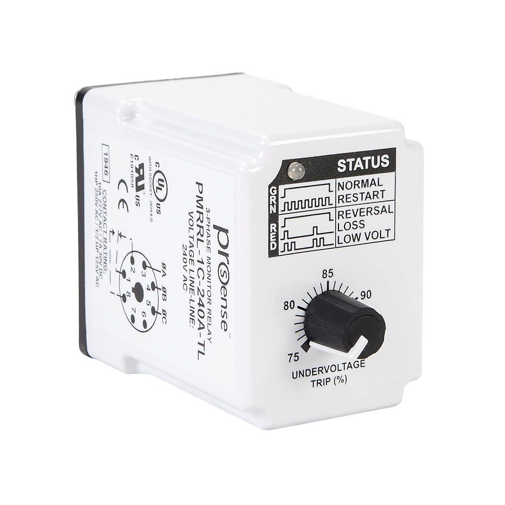 PMRRL-1C-240A-TL - ProSense phase monitor relay, 3-phase, socket mount, 240 VAC input voltage, SPDT, 10A contact rating, 8-pin, LED indicator(s), phase reversal, phase loss and undervoltage protection.