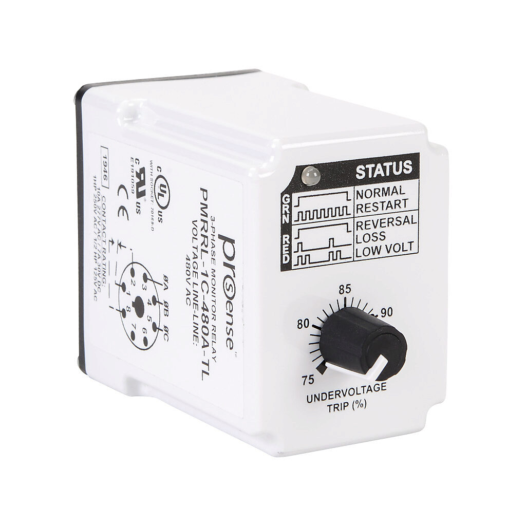 PMRRL-1C-480A-TL - ProSense phase monitor relay, 3-phase, socket mount, 480 VAC input voltage, SPDT, 10A contact rating, 8-pin, LED indicator(s), phase reversal, phase loss and undervoltage protection.
