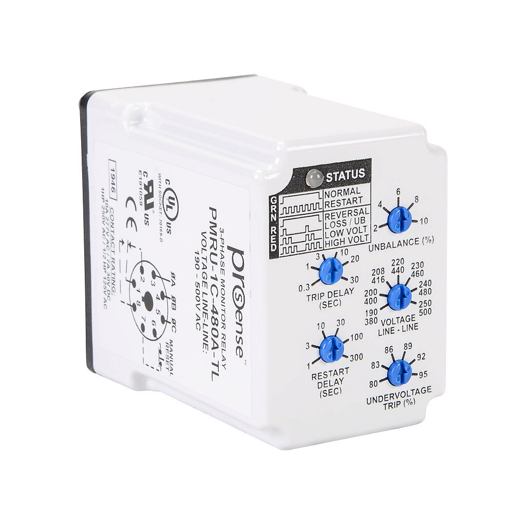 PMRU-1C-480A-TL - ProSense phase monitor relay, 3-phase, socket mount, 190-500 VAC input voltage, SPDT, 10A contact rating, 8-pin, LED indicator(s), phase reversal, phase loss, phase unbalance, overvoltage and undervoltage protection.
