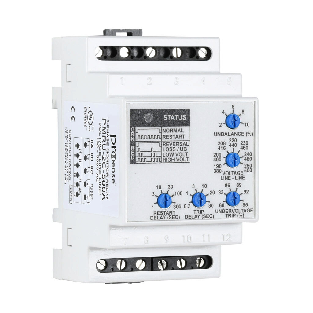 PMRU-2C-500A - ProSense phase monitor relay, 3-phase, 35mm DIN rail mount, 190-500 VAC input voltage, DPDT, 10A contact rating, screw terminal(s), LED indicator(s), phase reversal, phase loss, phase unbalance, overvoltage and undervoltage protection.