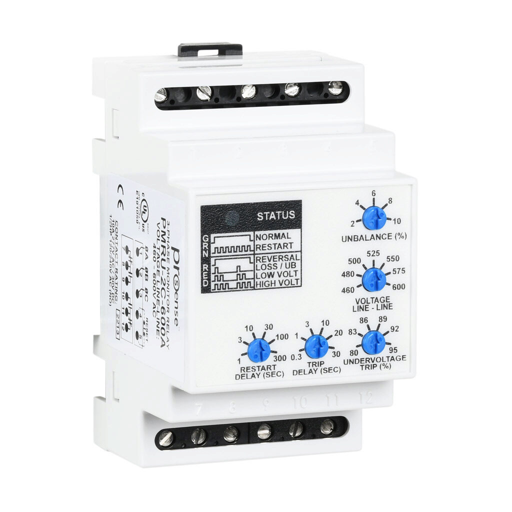PMRU-2C-600A - ProSense phase monitor relay, 3-phase, 35mm DIN rail mount, 460-600 VAC input voltage, DPDT, 10A contact rating, screw terminal(s), LED indicator(s), phase reversal, phase loss, phase unbalance, overvoltage and undervoltage protection.