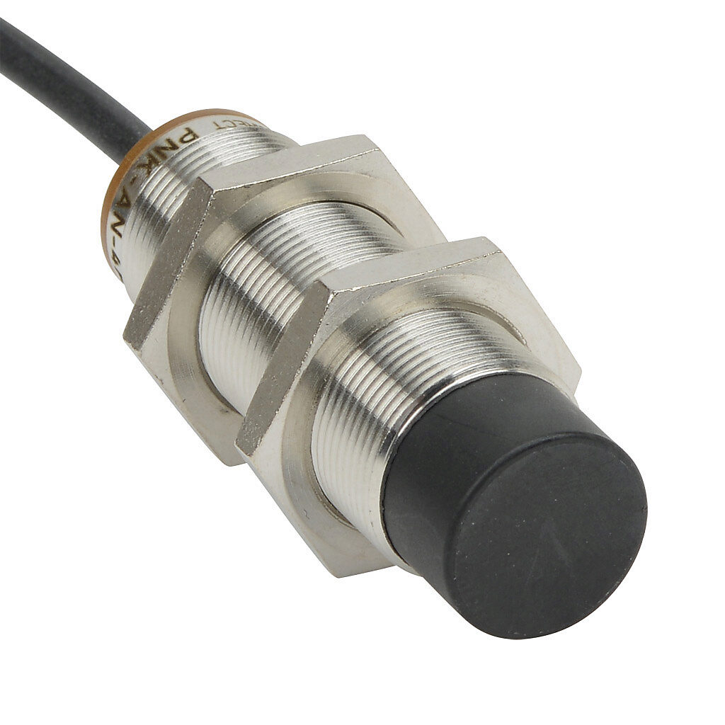 PNK-AN-4A - AutomationDirect inductive proximity sensor, tubular, 18mm diameter x 65mm body, bronze-plated brass housing, NPN, N.O. output, 12mm sensing distance, non-flush, 300 Hz switching frequency, IP65 IP66 IP67 IP68 IP69K, pigtail.