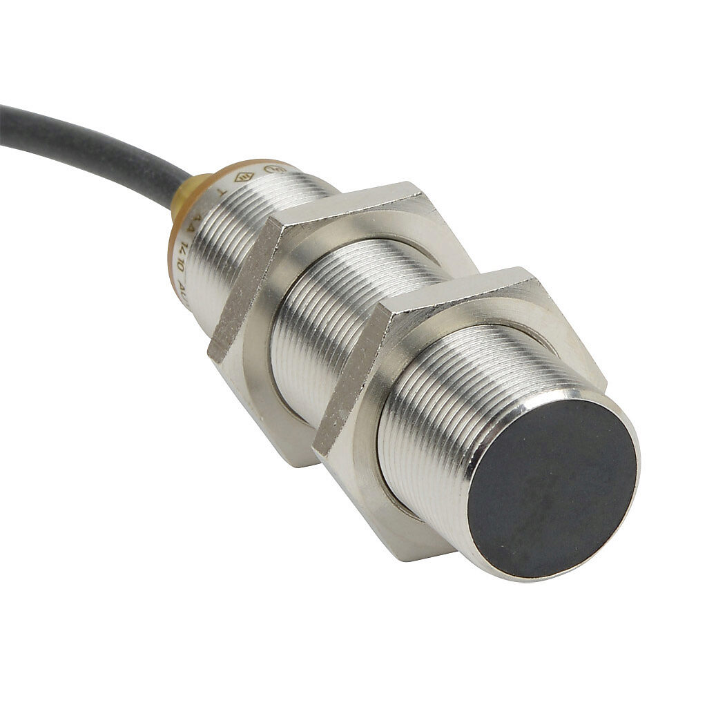 PNK-AP-3A - AutomationDirect inductive proximity sensor, tubular, 18mm diameter x 65mm body, bronze-plated brass housing, PNP, N.O. output, 8mm sensing distance, flush, 400 Hz switching frequency, IP65 IP66 IP67 IP68 IP69K, pigtail.