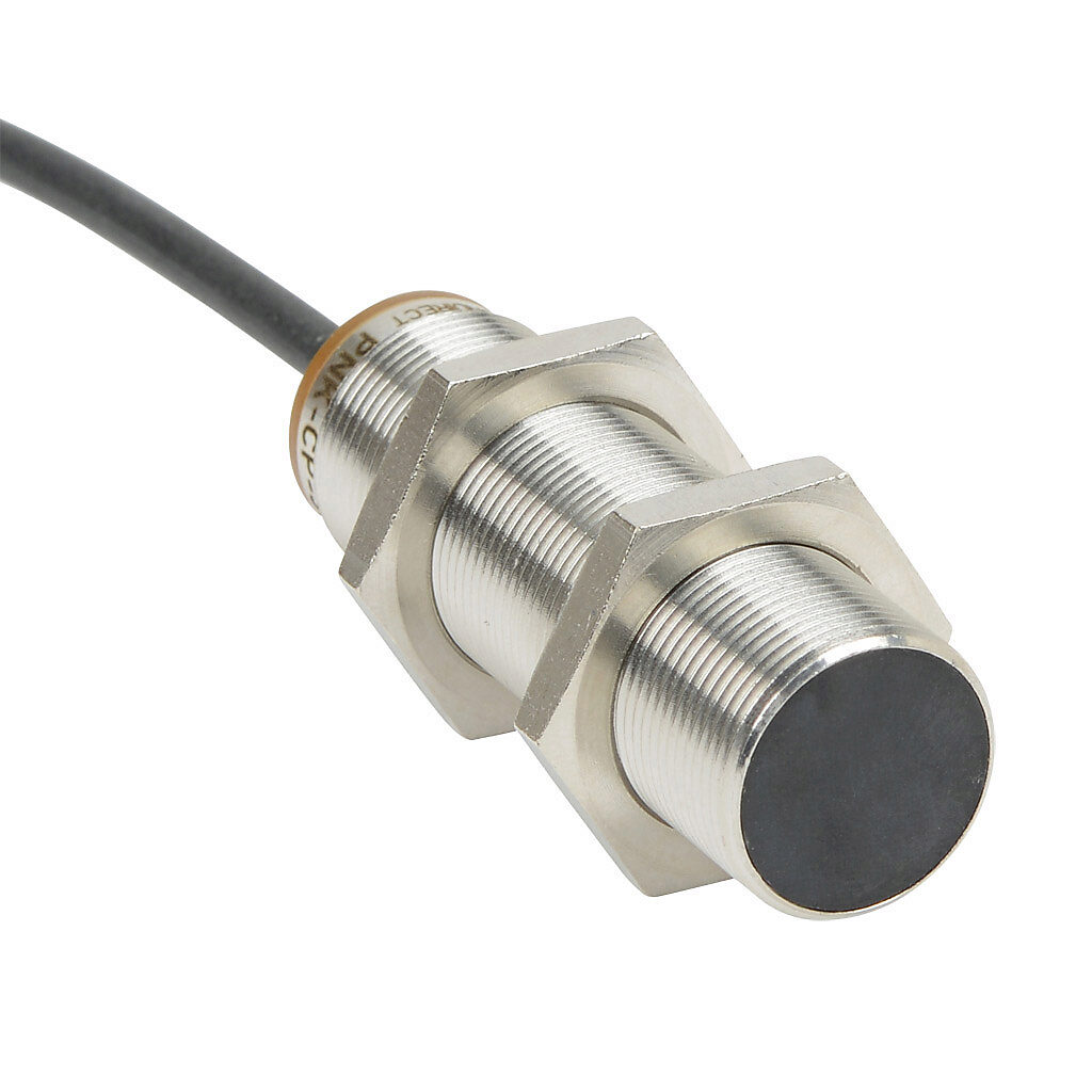 PNK-CP-3A - AutomationDirect inductive proximity sensor, tubular, 18mm diameter x 65mm body, bronze-plated brass housing, PNP, N.C. output, 8mm sensing distance, flush, 400 Hz switching frequency, IP65 IP66 IP67 IP68 IP69K, pigtail.
