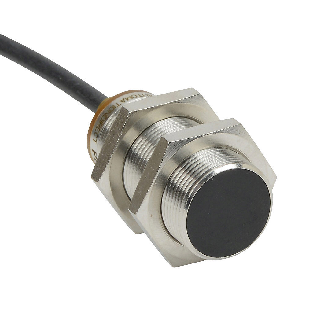 PNK6-AN-3A - AutomationDirect inductive proximity sensor, tubular, 18mm diameter x 45mm body, bronze-plated brass housing, NPN, N.O. output, 8mm sensing distance, flush, 400 Hz switching frequency, IP65 IP66 IP67 IP68 IP69K, pigtail.