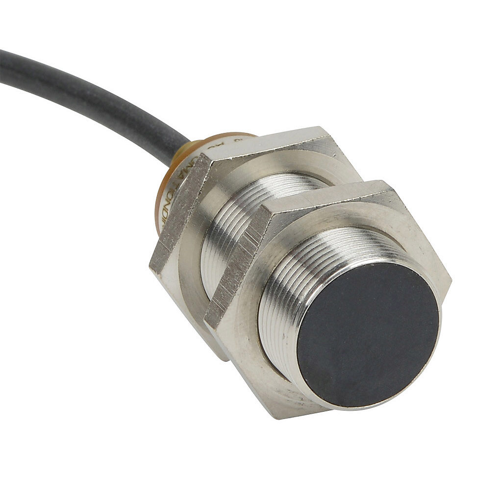 PNK6-AP-3A - AutomationDirect inductive proximity sensor, tubular, 18mm diameter x 45mm body, bronze-plated brass housing, PNP, N.O. output, 8mm sensing distance, flush, 400 Hz switching frequency, IP65 IP66 IP67 IP68 IP69K, pigtail.