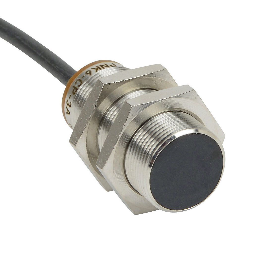 PNK6-CP-3A - AutomationDirect inductive proximity sensor, tubular, 18mm diameter x 45mm body, bronze-plated brass housing, PNP, N.C. output, 8mm sensing distance, flush, 400 Hz switching frequency, IP65 IP66 IP67 IP68 IP69K, pigtail.