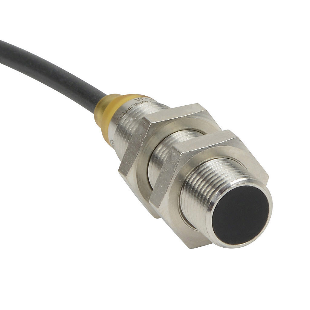 PNM6-AP-3A - AutomationDirect inductive proximity sensor, tubular, 12mm diameter x 45mm body, bronze-plated brass housing, PNP, N.O. output, 4mm sensing distance, flush, 700 Hz switching frequency, IP65 IP66 IP67 IP68 IP69K, pigtail.