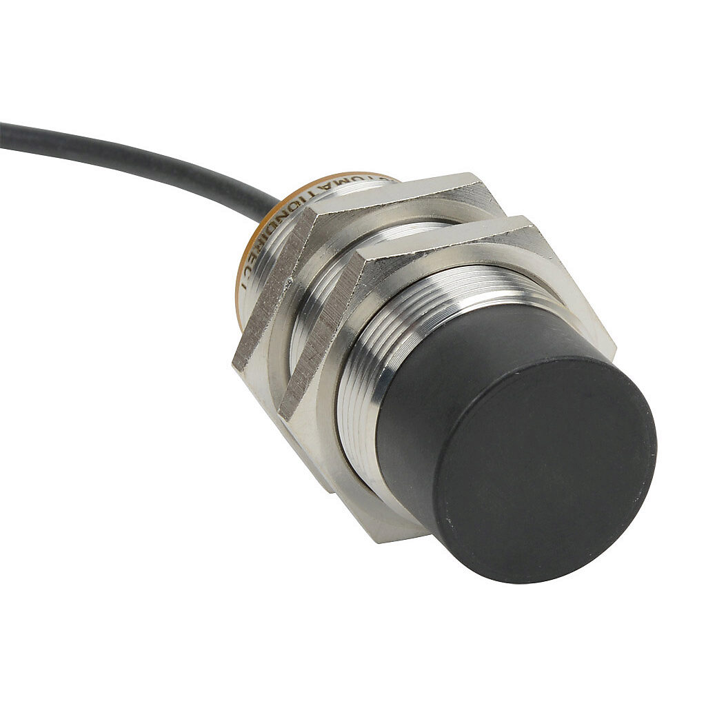PNT-AN-4A - AutomationDirect inductive proximity sensor, tubular, 30mm diameter x 65mm body, bronze-plated brass housing, NPN, N.O. output, 22mm sensing distance, non-flush, 100 Hz switching frequency, IP65 IP66 IP67 IP68 IP69K, pigtail.