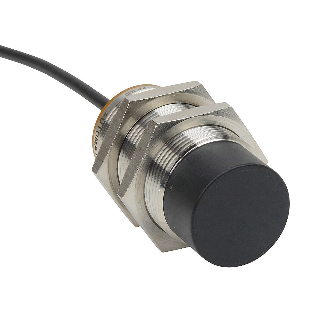 PNT-AP-4A - AutomationDirect inductive proximity sensor, tubular, 30mm diameter x 65mm body, bronze-plated brass housing, PNP, N.O. output, 22mm sensing distance, non-flush, 100 Hz switching frequency, IP65 IP66 IP67 IP68 IP69K, pigtail.