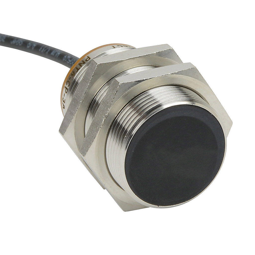 PNT6-CP-3A - AutomationDirect inductive proximity sensor, tubular, 30mm diameter x 50mm body, bronze-plated brass housing, PNP, N.C. output, 15mm sensing distance, flush, 100 Hz switching frequency, IP65 IP66 IP67 IP68 IP69K, pigtail.