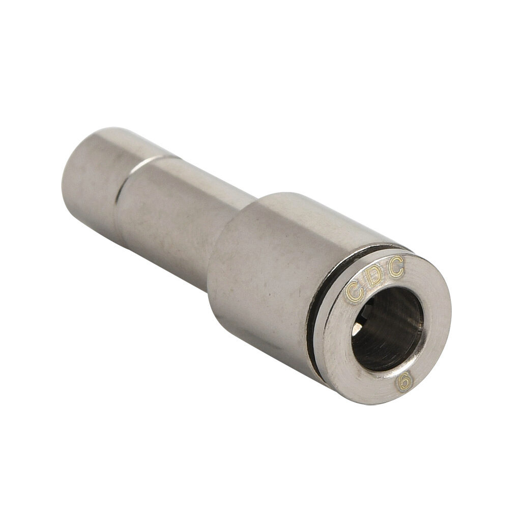 PR8M-6M-B - NITRA pneumatic push-to-connect fitting, plug-in reducer, nickel-plated brass body, (1) 5/16in (8mm) plug-in to (1) 6mm push-to-connect. Package of 5.