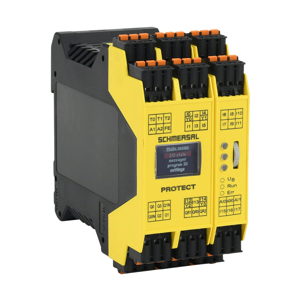 PROTECT-SELECT-CC-AD - Schmersal safety relay, programmable, 2-channel, 24 VDC, 4 programs, (2) N.O., (2) single and (2) pair OSSD safety output(s), push-in cage clamp.