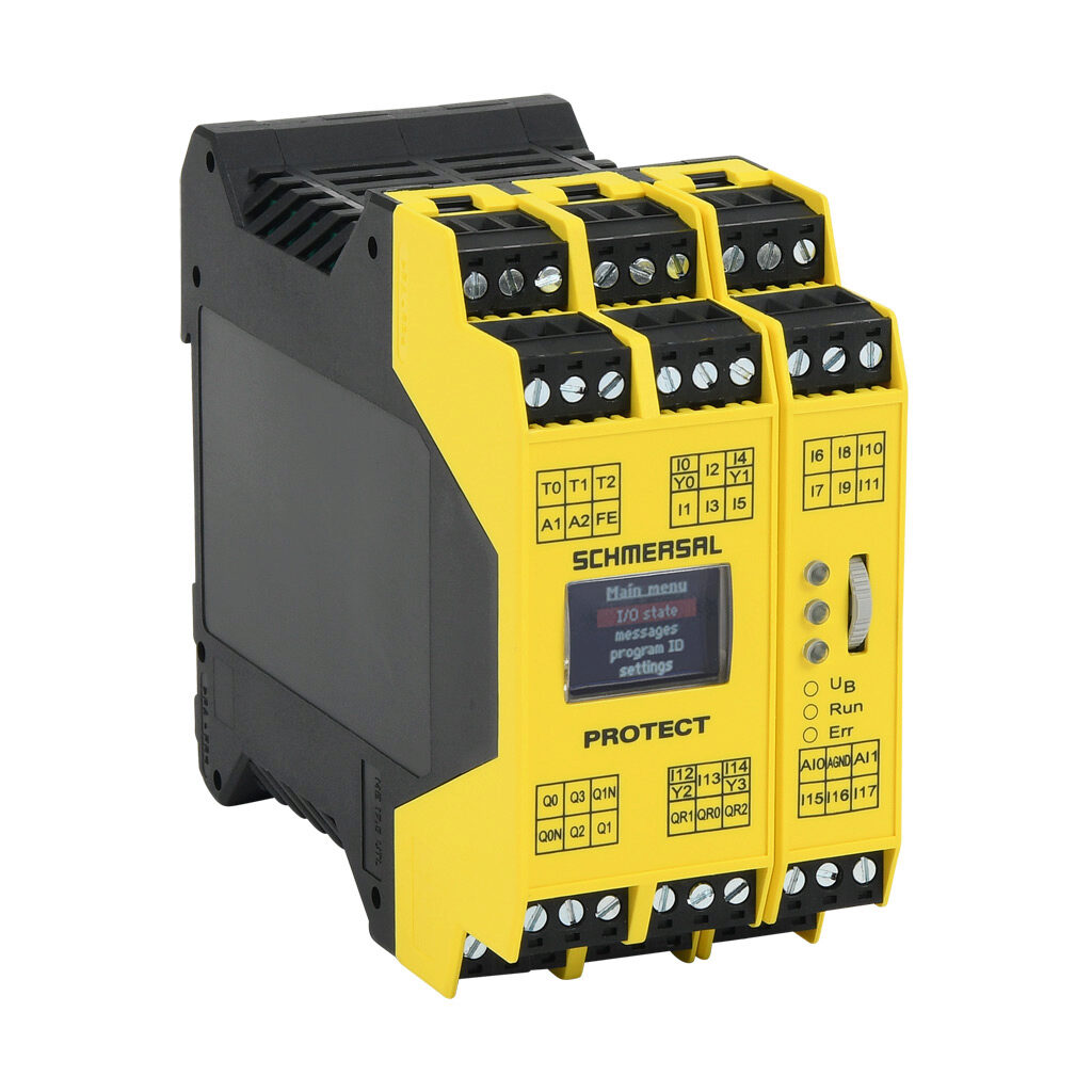 PROTECT-SELECT-SK-AD - Schmersal safety relay, programmable, 2-channel, 24 VDC, 4 programs, (2) N.O., (2) single and (2) pair OSSD safety output(s), pluggable screw terminals.