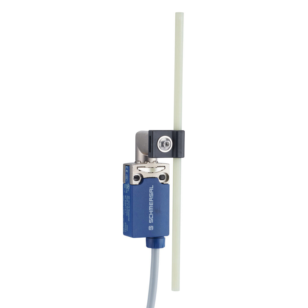 PS116Z11-L200J200 - Schmersal compact limit switch, side rotary adjustable plastic rod, 45-degree adjustable head, (1) N.O./(1) N.C. contact(s), snap action, 31mm wide body, 20-22mm hole spacing, die-cast zinc with plastic base, pigtail, 6.5ft/2m ...