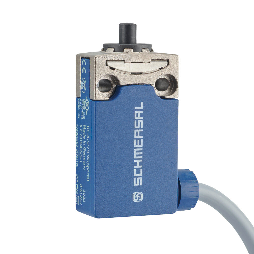 PS116Z11-LR200S200 - Schmersal compact limit switch, plastic plunger, 45-degree adjustable head, (1) N.O./(1) N.C. contact(s), snap action, 31mm wide body, 20-22mm hole spacing, die-cast zinc with plastic base, pigtail, 6.5ft/2m cable length, righ...