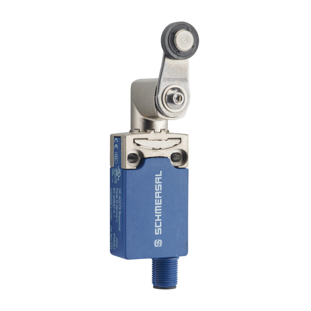 PS116Z11-STH200 - Schmersal compact limit switch, side rotary lever with plastic roller, 45-degree adjustable head, (1) N.O./(1) N.C. contact(s), snap action, 20-22mm hole spacing, die-cast zinc with plastic base, (1) 4-pin M12 quick-disconnect, b...